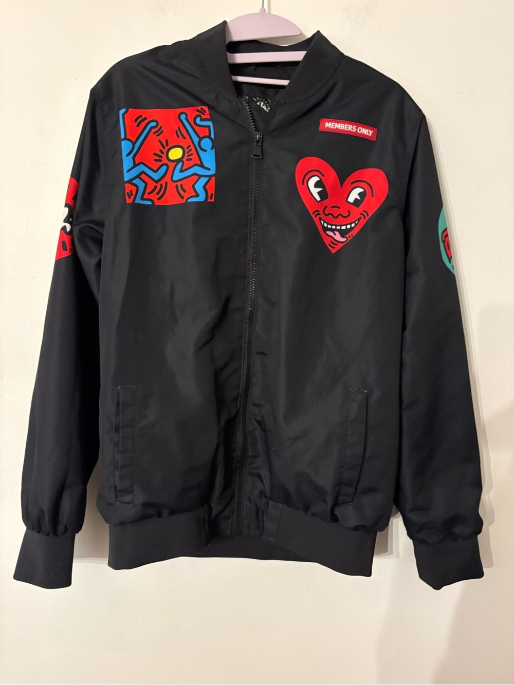Members Only Kids' Black Bomber Jacket with Red Heart Graphic and Blue Patch